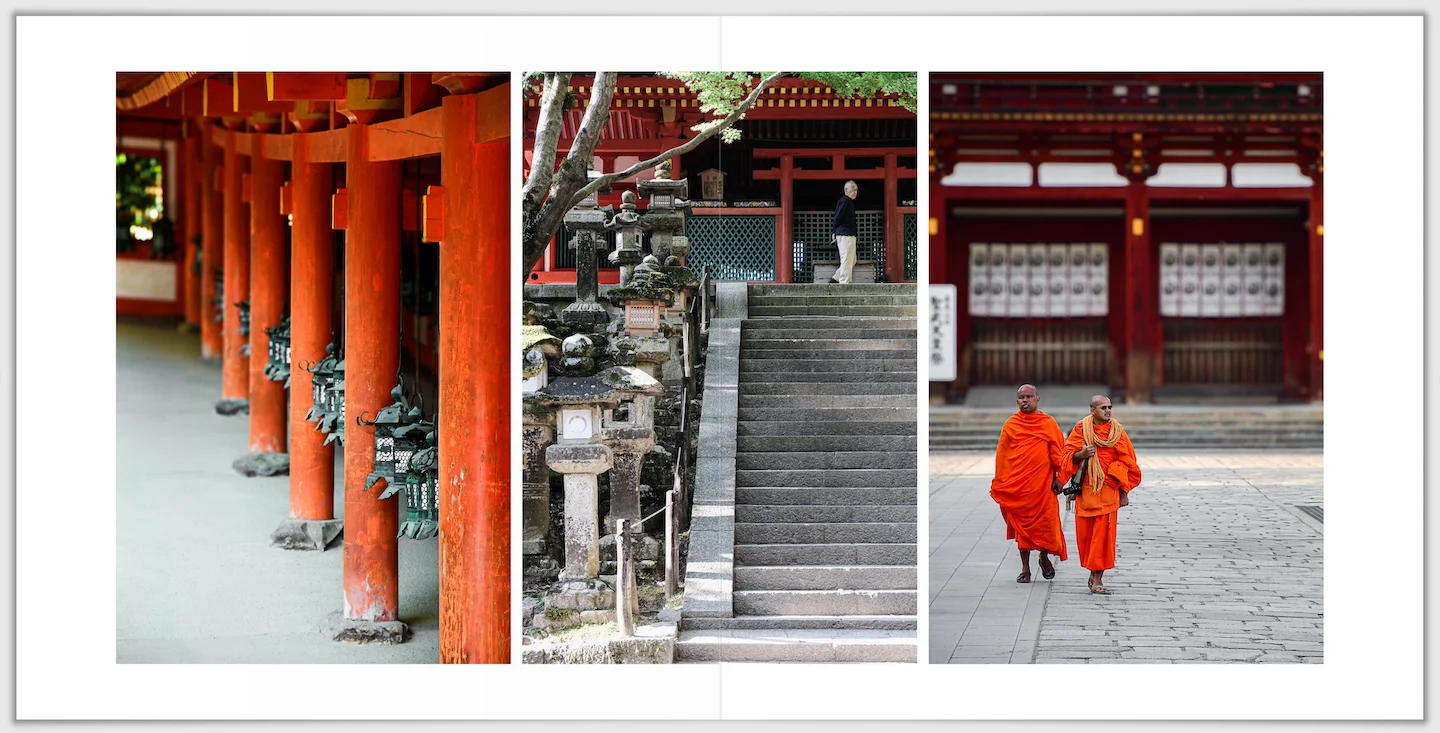 Double page livre photo Nara - colonnes torii moines orange mise en page Saal Digital
